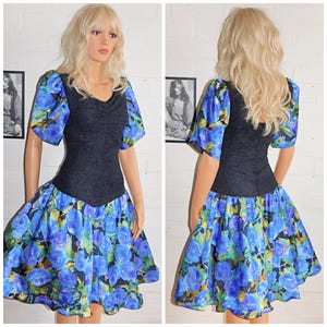 Vintage 80er Jahre Schwarz Blau FLORAL Abiball Kleid 8 10 S 1980s Kitsch