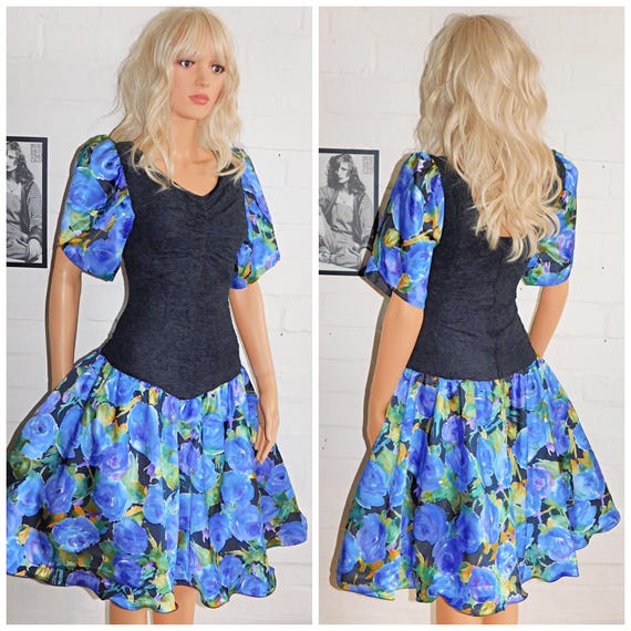 Vintage 80s Black Blue FLORAL Prom Party Dress 8 10 S 1980s Kitsch