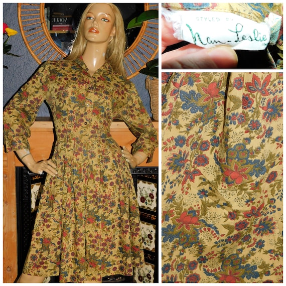 Vintage 50s MUSTARD FLORAL Cotton Mid Century TEA Dress 8-10 S 1950s