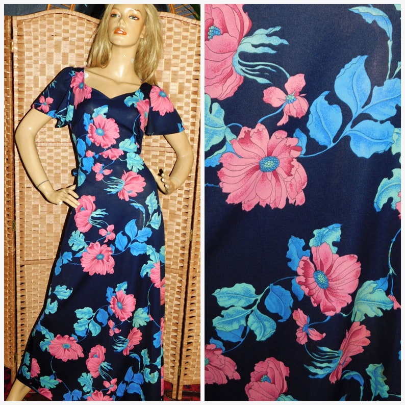 Vintage 70s Navy Green Pink Bold FLORAL POPPY Print Flutter WING Slvd Maxi dress 10-12 S M 1970s Flower Power