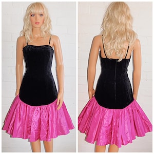 Vintage 80s Black BUBBLEGUM Pink Velvet Drop Waist PROM Party Dress 10 S 1980s Kitsch Cocktail