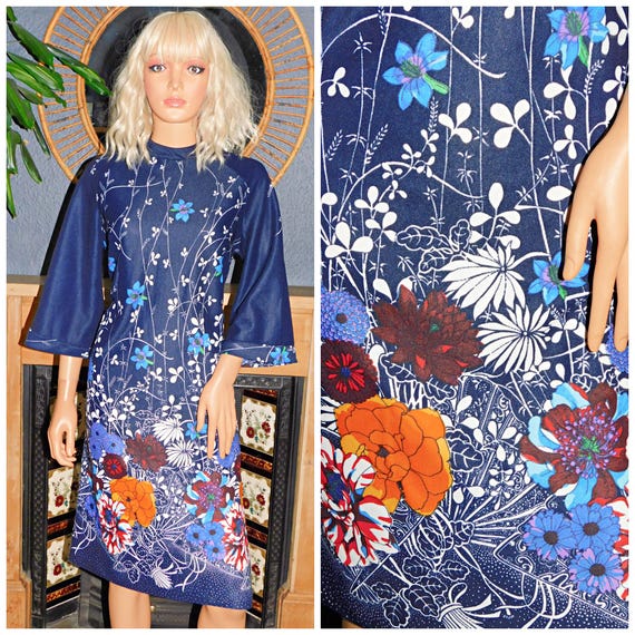 Vintage 60s Navy Blue FLOWER POWER Mod Scooter Dress 14 M 1960s Modette Kitsch