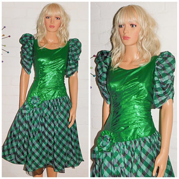 Vintage 80s METALLIC Green TARTAN Check Prom Party Dress 10 S 1980s Kitsch Christmas
