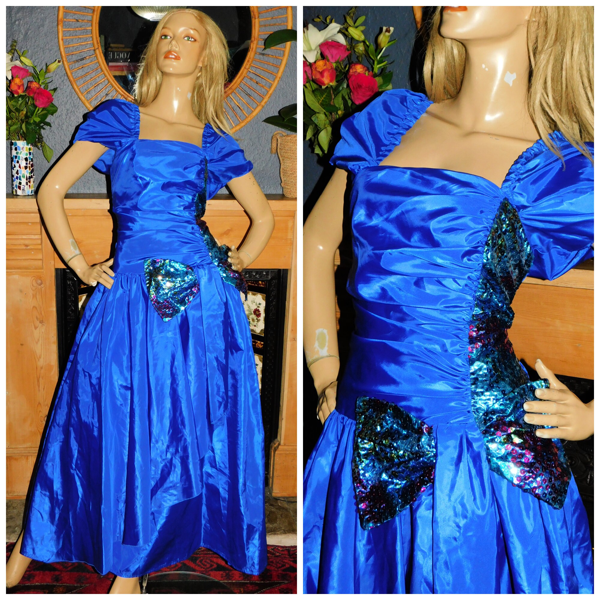 Vintage 80s EXTREME Electric Blue Sequin BOW PUFF Slvd Maxi Princess Prom  Party Dress 8-10 S Kitsch