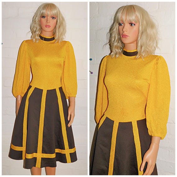 Vintage 60s Yellow Brown MOD Dress 8 S Xs 1960s Modette