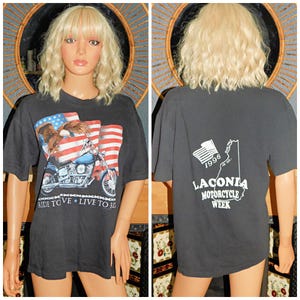 Vintage 90s Black Soft SINGLE STITCH Cotton 1996 Laconia Motorcycle Week T shirt M L 1990s Unisex Graphic Tee