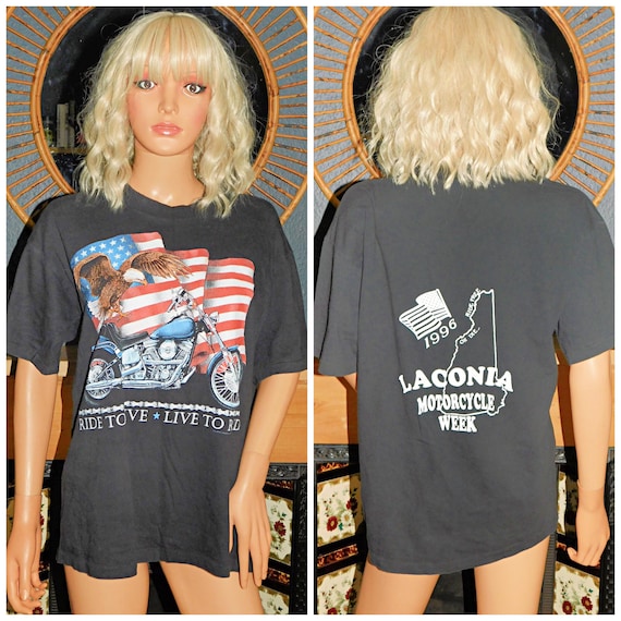 Vintage 90s Black Soft SINGLE STITCH Cotton 1996 Laconia Motorcycle Week T shirt M L 1990s Unisex Graphic Tee