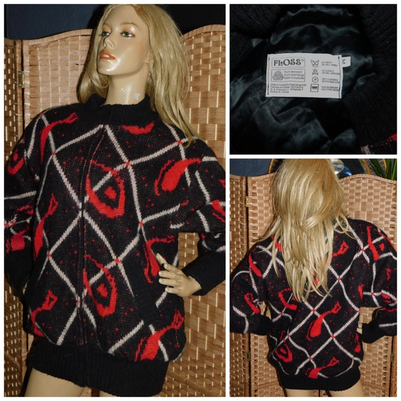 Vintage 80s Black White Red ICELANDIC Pure Wool GEOMETRIC Oversized CHUNKY Knit Patterned Cardigan Floss M 1980s Kitsch