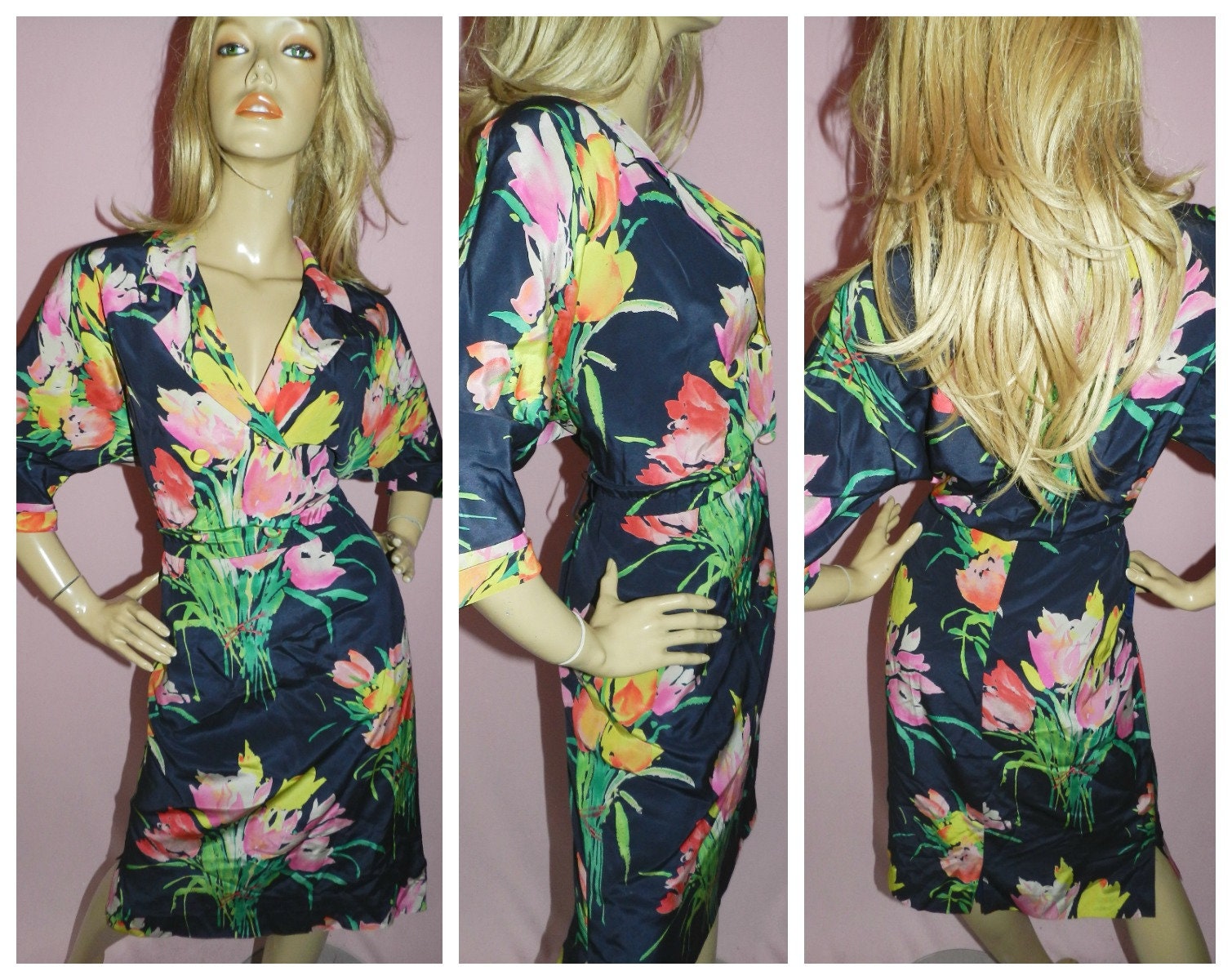 Vintage 80s SILK Multicoloured Floral TULIP Print WIGGLE Dress 16 L 1980s