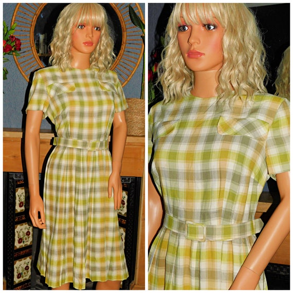 Vintage 50s Yellow Grey Check SECRETARY Dress 12-14 M 1950s Mid Century Box Pleats