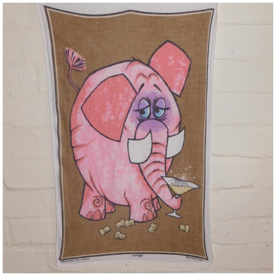 Vintage 60s 70s Dunmoy DRUNK ELEPHANT Irish Linen Tea Towel Kitchenalia Gift