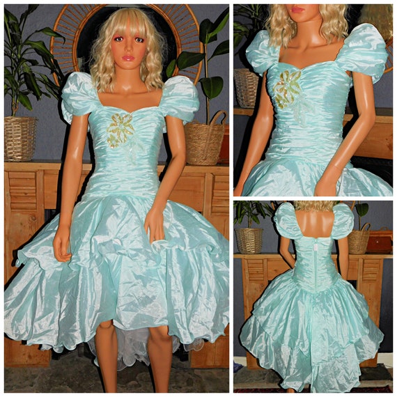 Vintage 80s Peppermint Green PUFF Slvd EXTREME Fantasy PRINCESS Prom Party Dress 6 Xs 1980s Kitsch