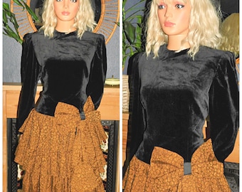 Vintage 1980s Black Brown Drop Waist BOW Prom Party Dress 14 M 80s Kitsch Velvet