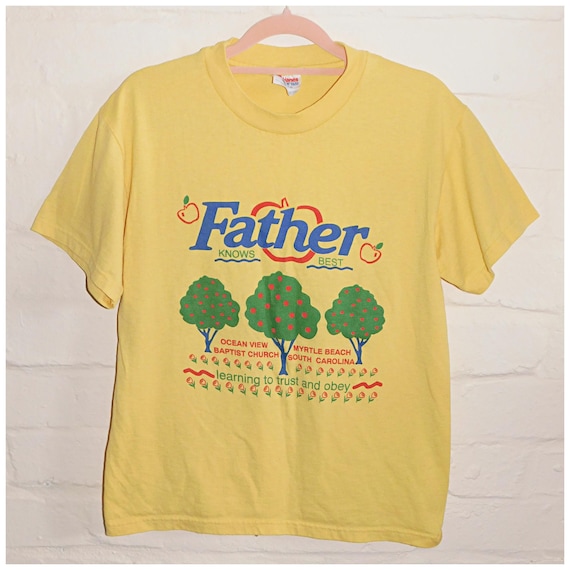 Vintage 90s Yellow FATHER KNOWS BEST T Shirt S 1990s Graphic Tee Religious Kitsch