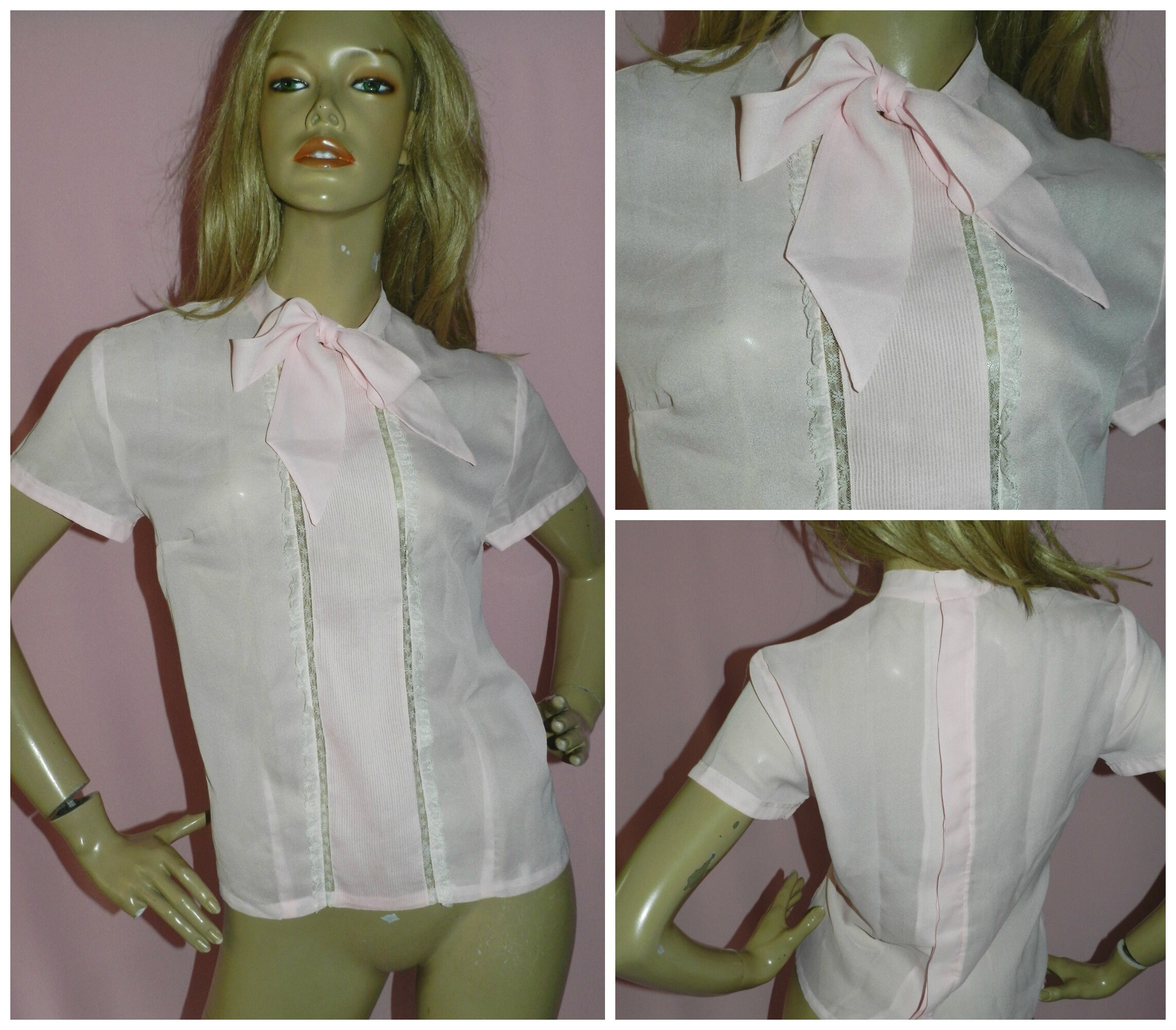 Vintage 50s BABY PINK Pussy BOW Semi Sheer Pintuck Lace Blouse shirt 16 ...