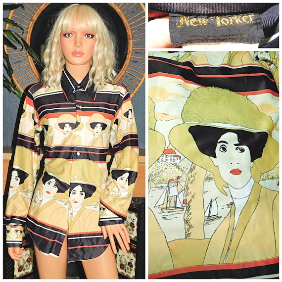 Vintage 70s NOVELTY Victorian LADY Print Shirt Blouse 12 14 M 1970s KITSCH