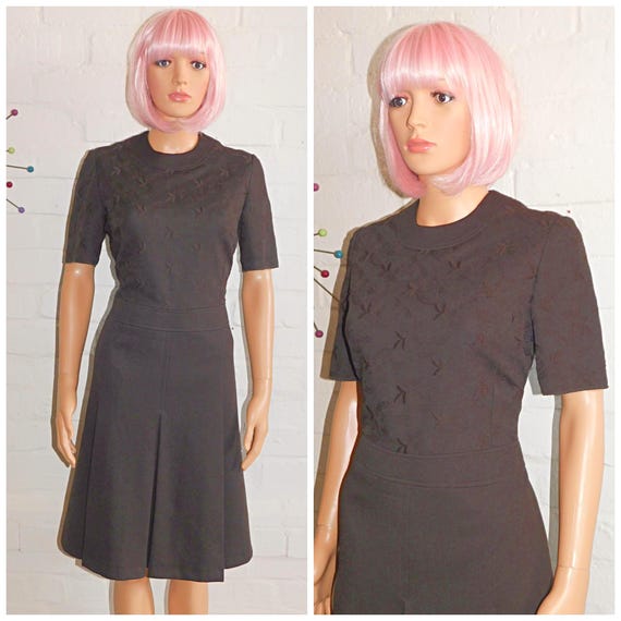 Vintage 60s Brown Crimplene MOD Scooter Dress 12 14 M 1960s Modette DOLLY