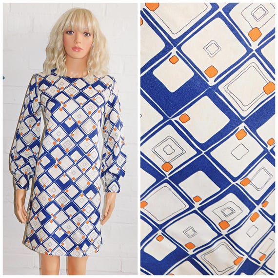 Vintage 60s 70s GEOMETRIC Print MOD Scooter Dress 10 12 S M 1960s 1970s Navy Cream Orange