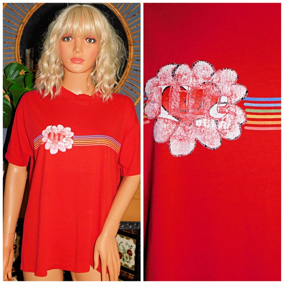 Vintage 70s Red Soft SINGLE STITCH Retro STRIPED T shirt M 1970s Unisex Graphic 50 50