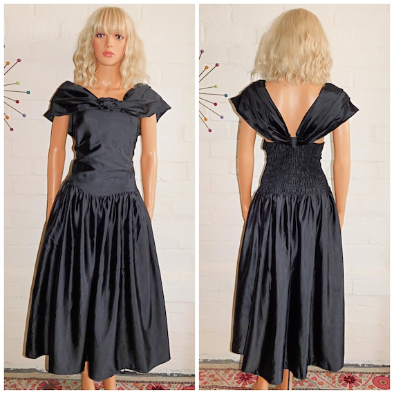 Vintage 80s Black Wet Look Shawl Collar Prom Party Dress 20 22 XL XXL 1980s Halloween