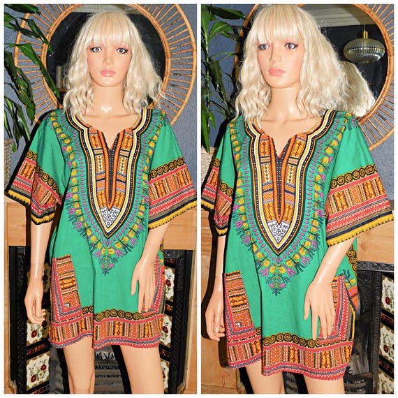 Vintage 90s does 70s Green Multicoloured BOHEMIAN Print FESTIVAL Caftan Tunic Top 18 20 22 XL 1970s Southwestern Boho Hippy