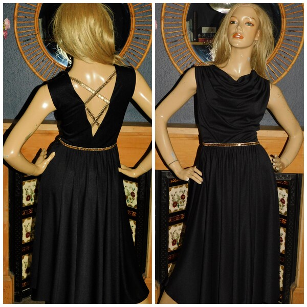 Vintage 70s Black GOLD SEQUIN Cutout Draped DISCO Dress 8 S 1970s Studio 54 Goddess