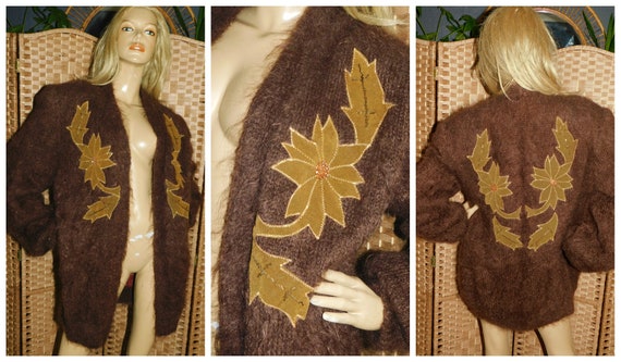 Vintage 80s Brown SHAGGY MOHAIR Velvet Applique Leaf OVERSIZED Slouchy cardigan M L Xl 1980s Kitsch Trashy