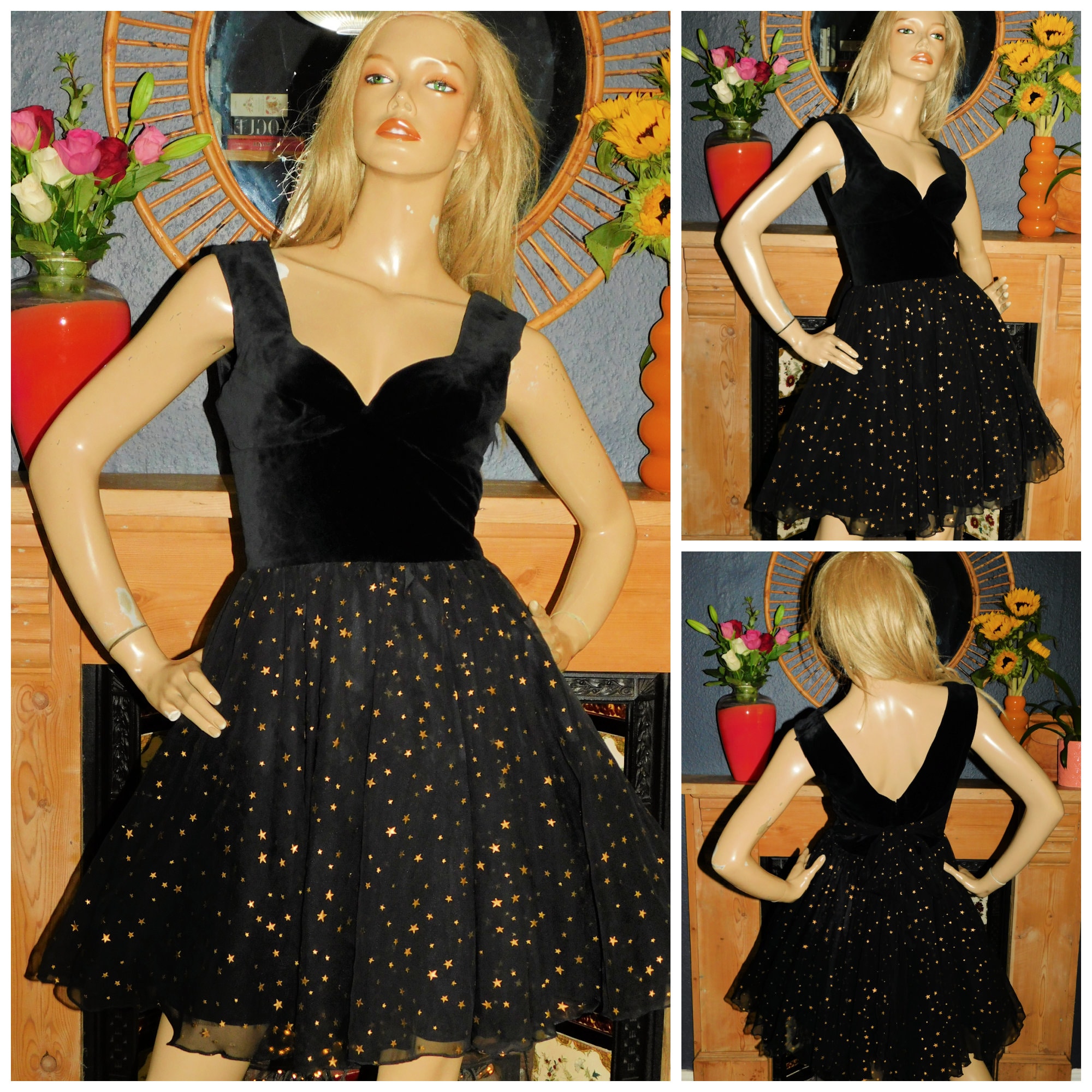 Vintage 80s Black Velvet Gold METALLIC STAR Print Mini PROM Party Dress ...
