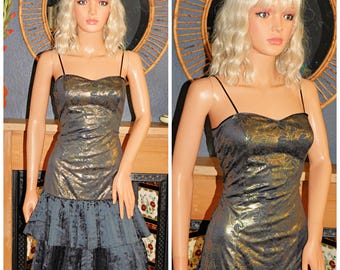 Vintage 80s Black METALLIC Gold Floral Print Drop Waist RARA Prom Party Dress 6 8 XS 1980s Halloween