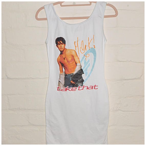 Vintage 90s Deadstock MARK OWEN MINI T Shirt Dress Xxs 1990s Graphic White Tee Take That