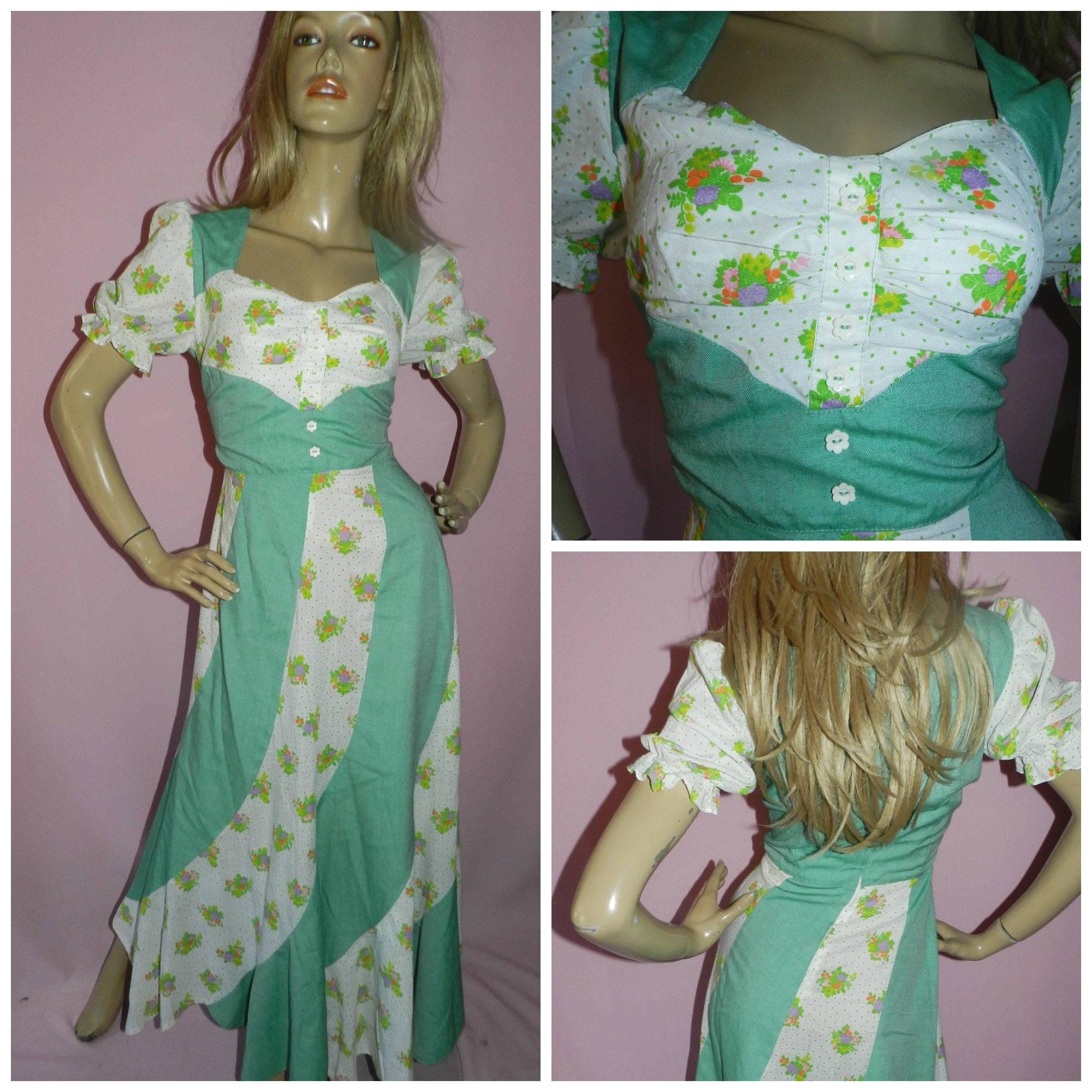 VINTAGE 60s 70s YELLOW GREEN LILAC GARDEN FLORAL DITSY SWEETHEART MAXI DRESS 10