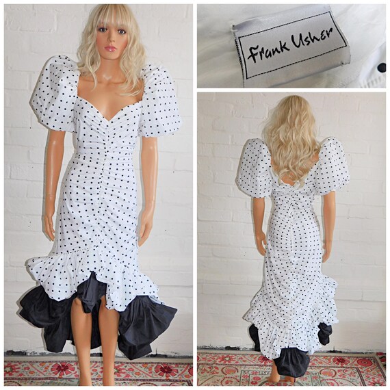 Vintage 80s Frank Usher White Black POLKA Dot PUFF Slvd Avant Garde Dress 10 12 S M 1980s Kitsch Prom Cocktail Party My Fair Lady