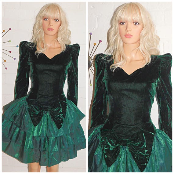 Vintage 80s EMERALD Green Velvet RARA BOW Front Mini Prom Party Dress 8 S Xs 1980s