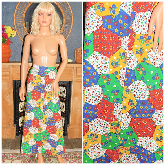 Vintage 70s Multicoloured DITSY PATCHWORK Print Bohemian Midi Maxi Skirt 6 Xs Xxs 1970s Prairie Boho Hippy Hippie Cotton