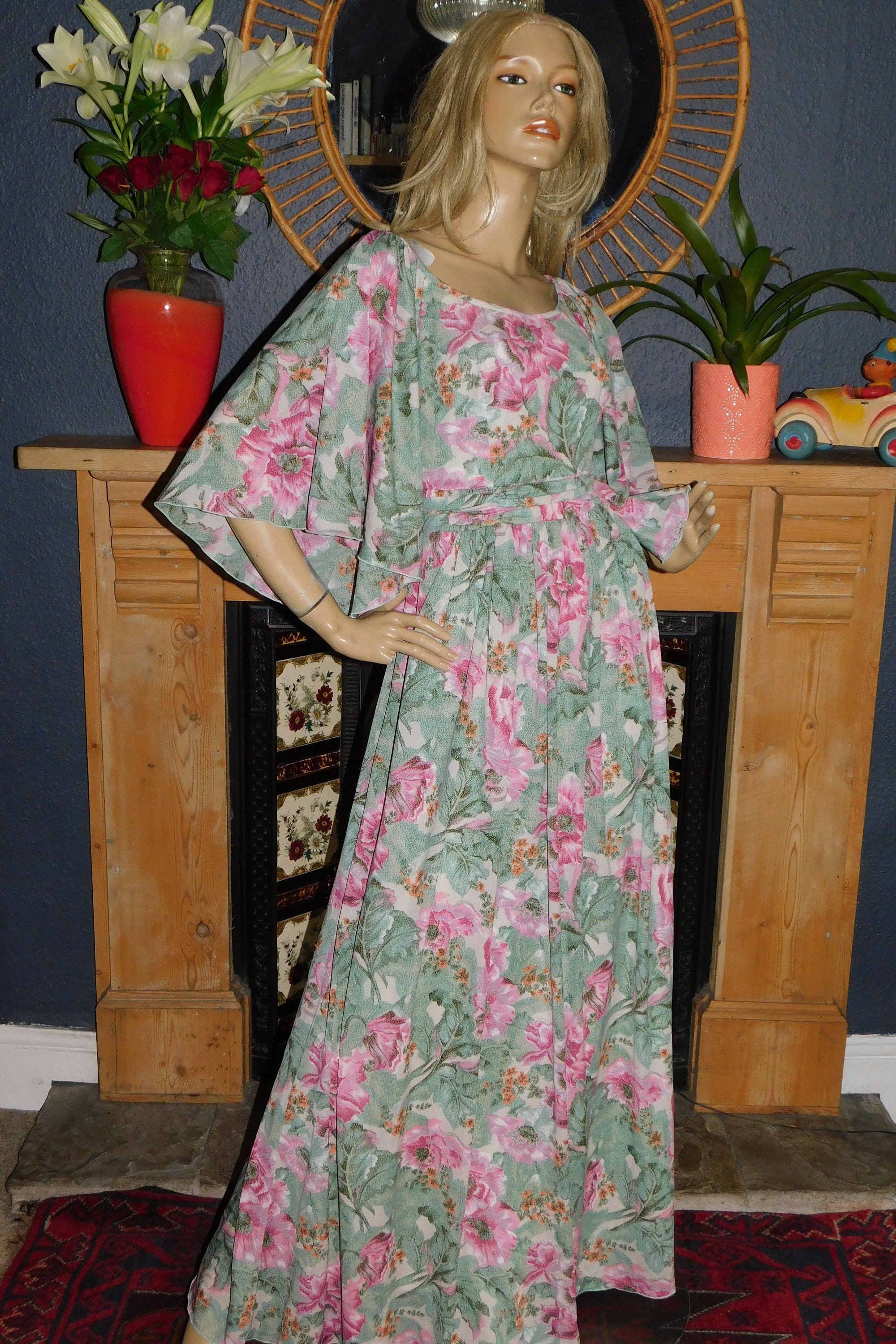 Vintage 70s Green Pink FLORAL Print ANGEL Wing Slvd Maxi Dress 10-12 S ...