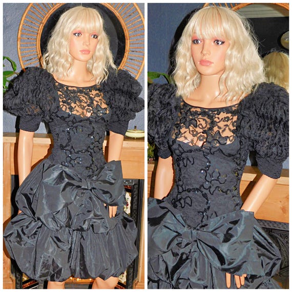 Vintage 80s Extreme Black Sequin ORIGAMI FAIRY Princess BOW Prom Party Dress 10 S 1980s Kitsch Evening Cocktail Avant Garde RaRa Puffball