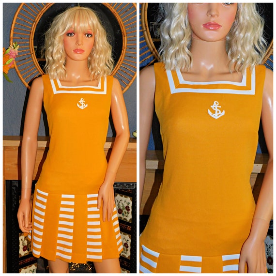 Vintage 60s Yellow Cream STRIPED ANCHOR Drop Waisted Pleated MINI Mod Dress 10-12 S M Kitsch Nautical