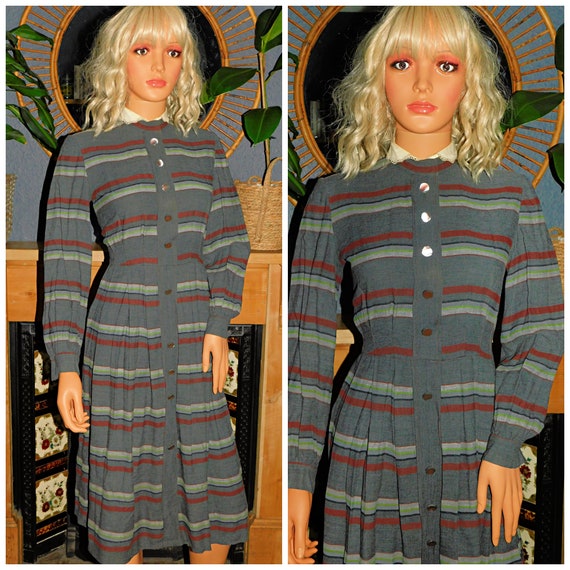 Vintage 50s Grey STRIPED SECRETARY Day Dress 12-14 1950s Mid Century Contrast Collar