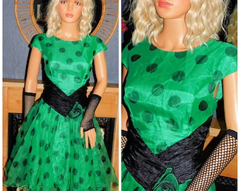 Vintage 80s Green Black POLKA DOT Net Tulle Prom Party Dress 12 M 1980s KItsch