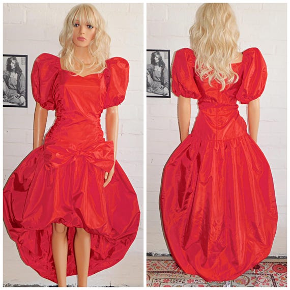 Vintage 80s Bright Red BOW Front BUBBLE Hem Puffball PRINCESS Prom Party Dress 14 16 M L 1980s Cocktail Kitsch Halloween