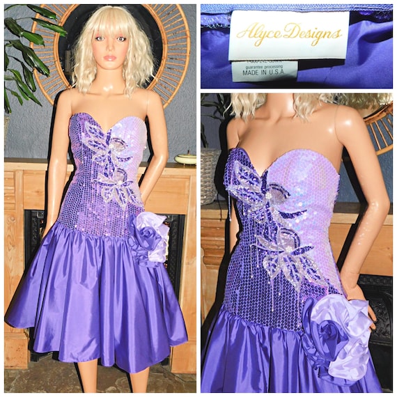 Vintage 80s Purple SEQUINNED ORIGAMI Prom Party Dress 10 12 S M 1980s Extreme Cocktail Evening Avant Garde Kitsch Alyce