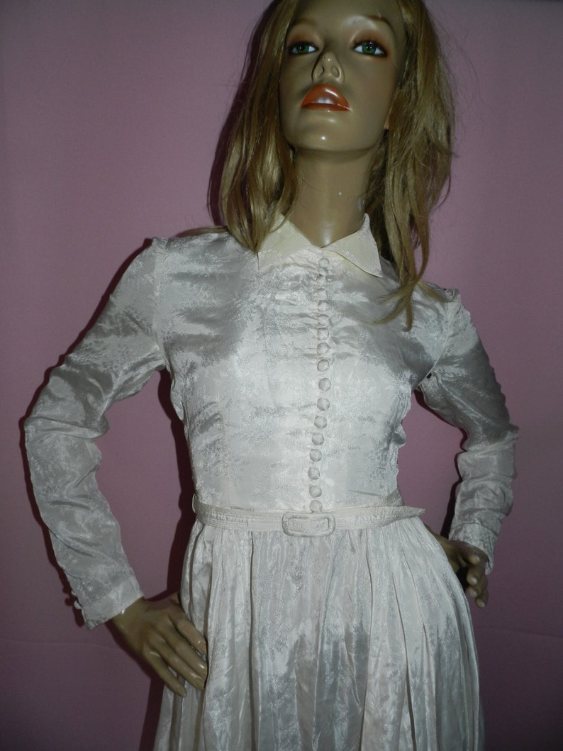 Vintage 30s 40s Delicate FLORAL IVORY Button front belted Maxi WEDDING Dress 10 S 1930s 1940s Bridal Wartime