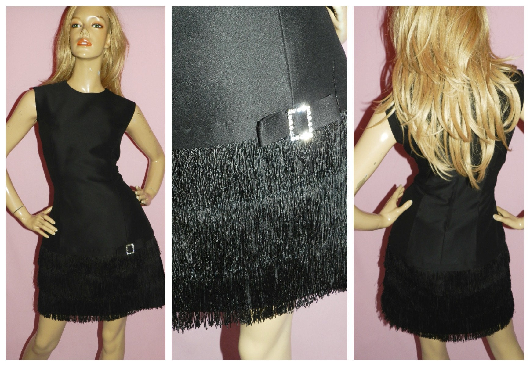 TRAVILLA vintage evening cocktail dress, 1960s black white fringed mod party dress