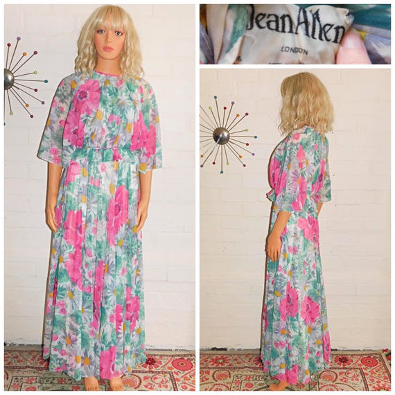 Vintage 70s Jean Allen Multicoloured FLORAL FLUTTER Slvd Bohemian Maxi Dress 8 S Xs 1970s Boho
