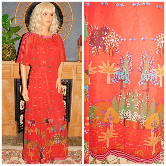Vintage 70s Floaty Red Multicoloured HERMITT NOVELTY TREE Print Maxi Dress 10 S 1970s Kitsch Signed Boho