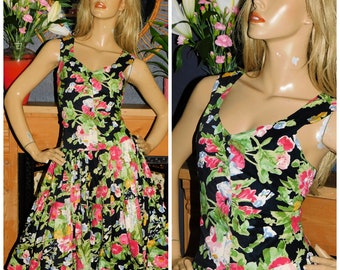 Vintage jaren 80 mooie veelkleurige bloemen katoen knop down gelaagde dag prom jurk S 1980s