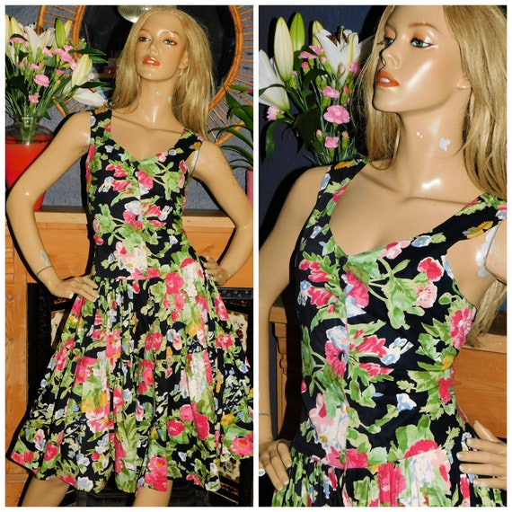 Vintage 80s Pretty Multicoloured FLORAL COTTON Button Down Tiered Day Prom Dress S 1980s
