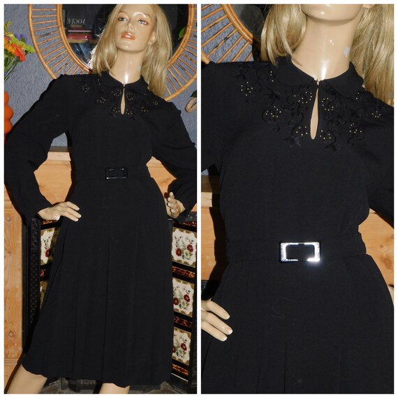 Vintage 1940s Black Wool EMBROIDERED Beaded Pleated Secretary Day Governess Dress 14 M 40s Belted
