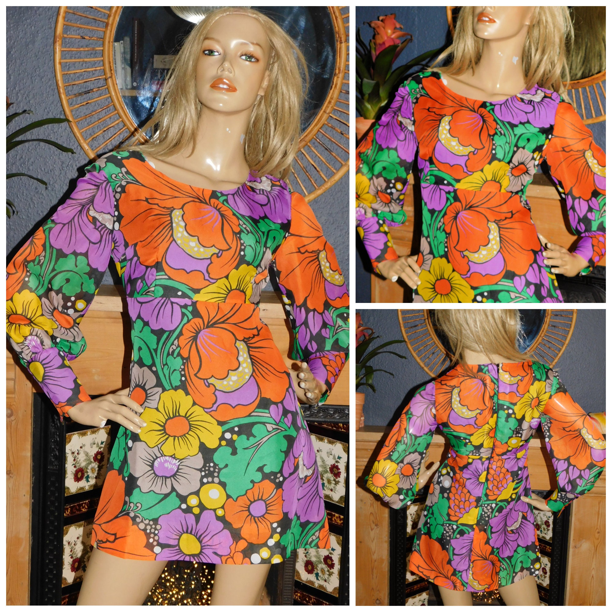 Vintage 60s PSYCHEDELIC FLOWER Power Print MINI Mod Gogo Dress 10-12 S ...