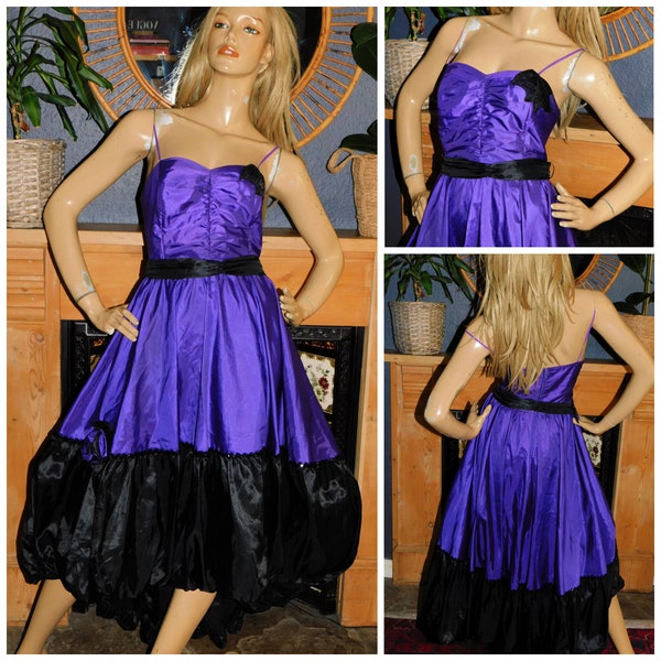 Vintage 80s Black Purple BUBBLE Hem Prom Party Dress 8 Xs S 1980s Kitsch Sequin Trim AVANT GARDE